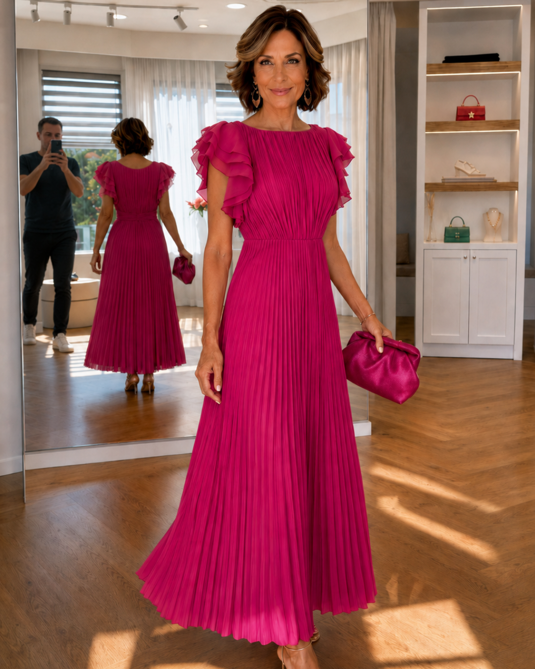 Round Neck Ruffle Flutter Sleeve Pleated A-Line Maxi Dress