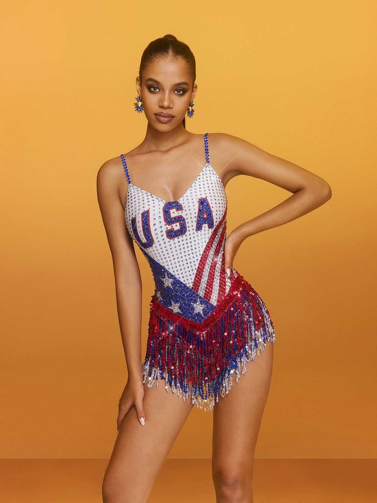 Spaghetti Rhinestone Printed Bodysuit