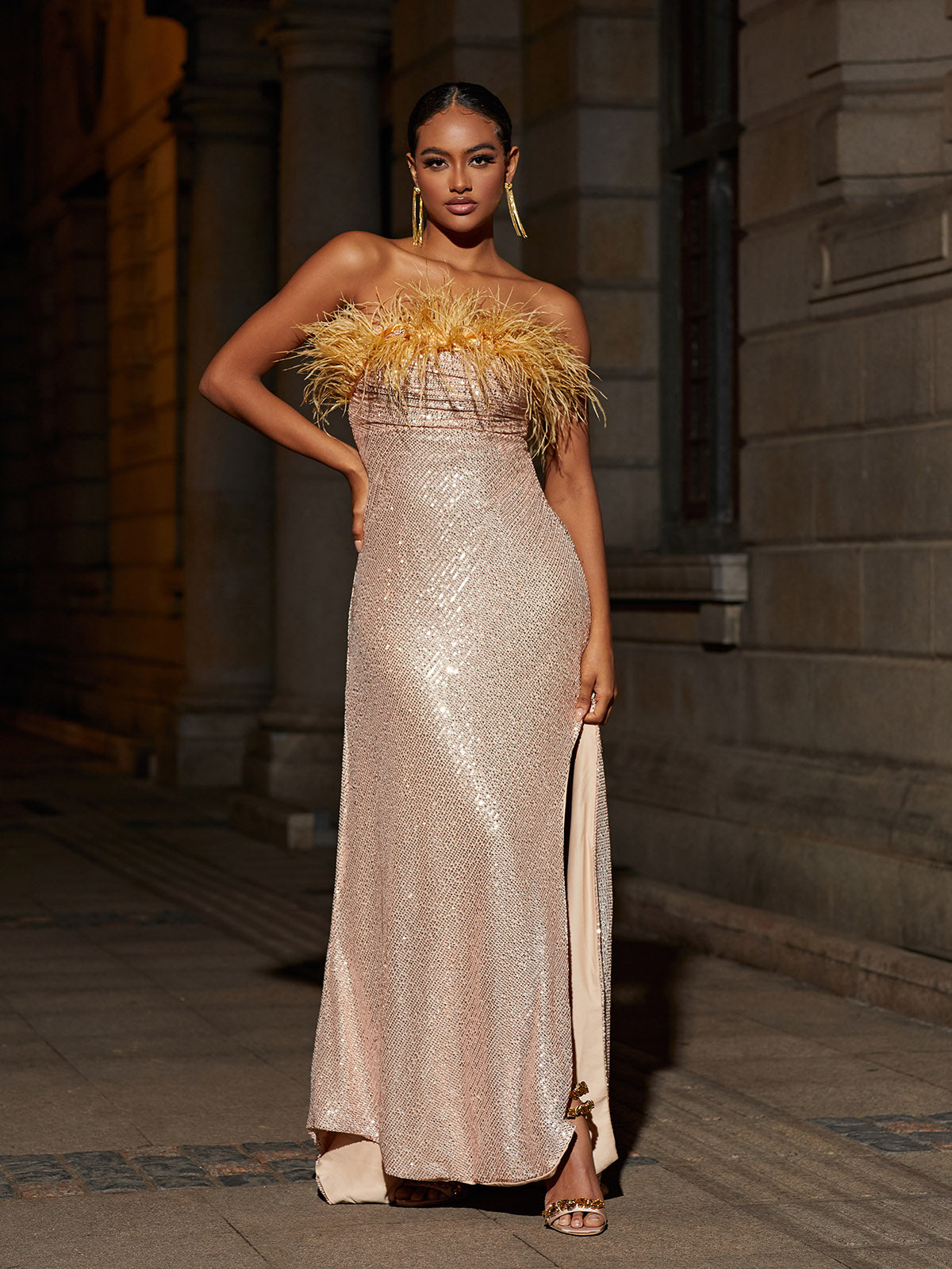 Strapless Feather Trim Sequin High Slit Mermaid Gown