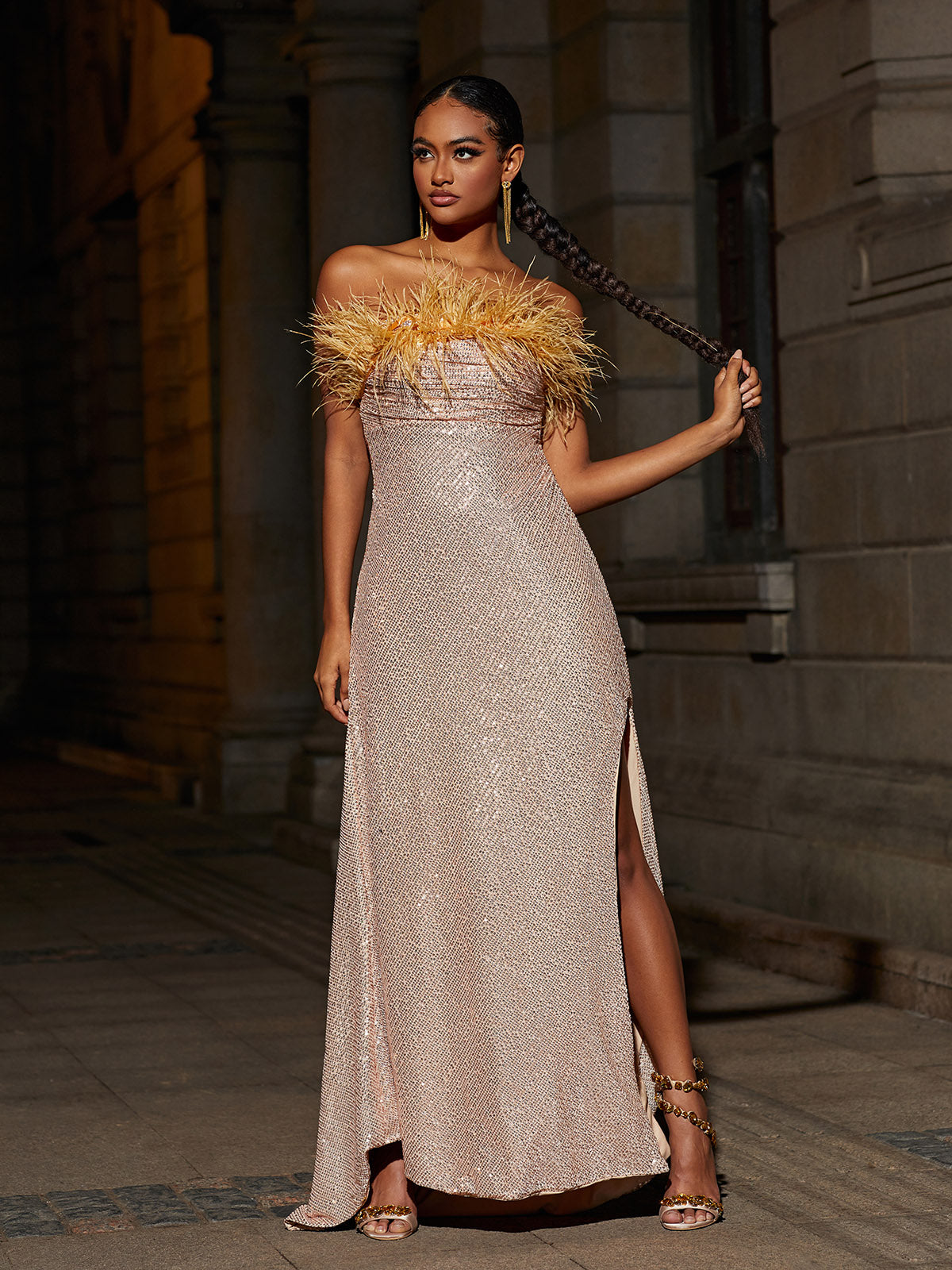 Strapless Feather Trim Sequin High Slit Mermaid Gown 4