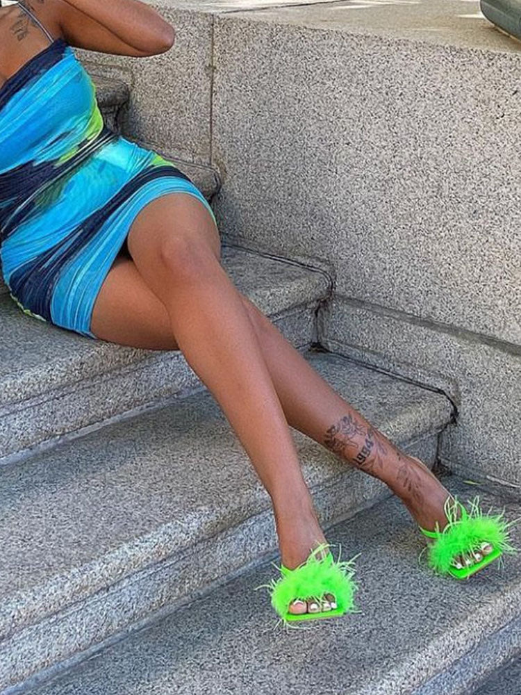 Feather Trim Square Toe Stiletto High Heel Mules