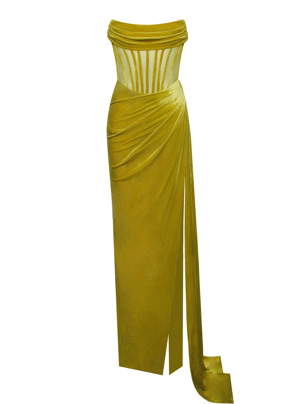 Strapless Velvet Corset Ruched High Slit Maxi Gown 6