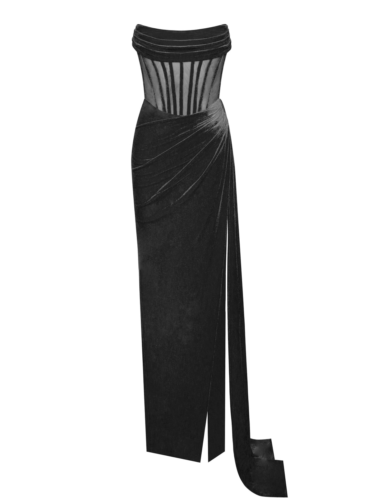 Strapless Velvet Sheer Corset High Slit Ruched Maxi Gown