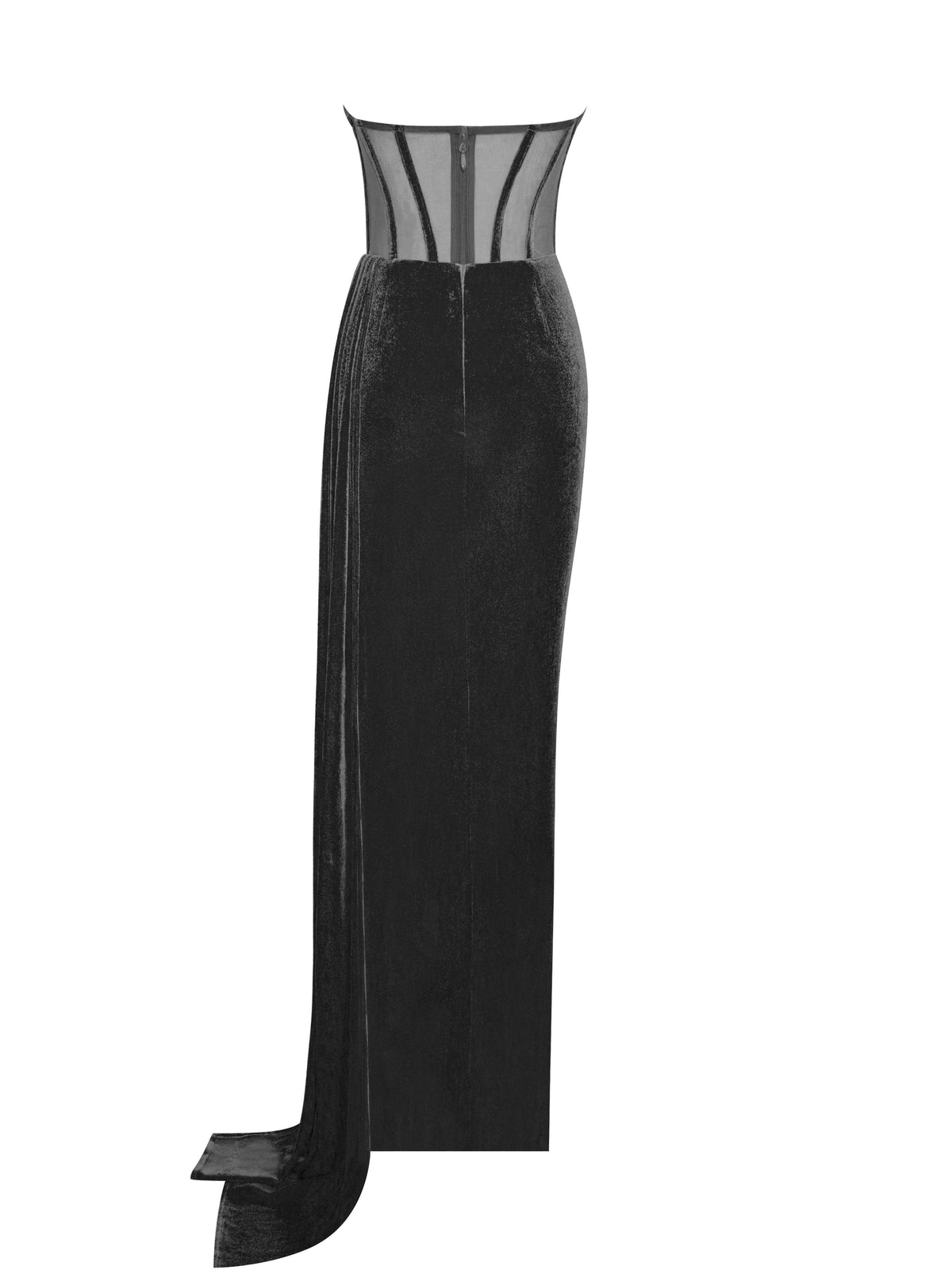 Strapless Velvet Sheer Corset High Slit Ruched Maxi Gown