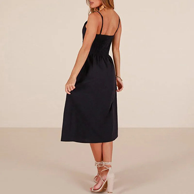 Suspender Button Backless VNeck Midi Dress