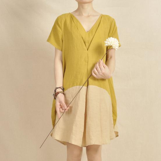 Lemon yellow shirt dress color patchwork sundress