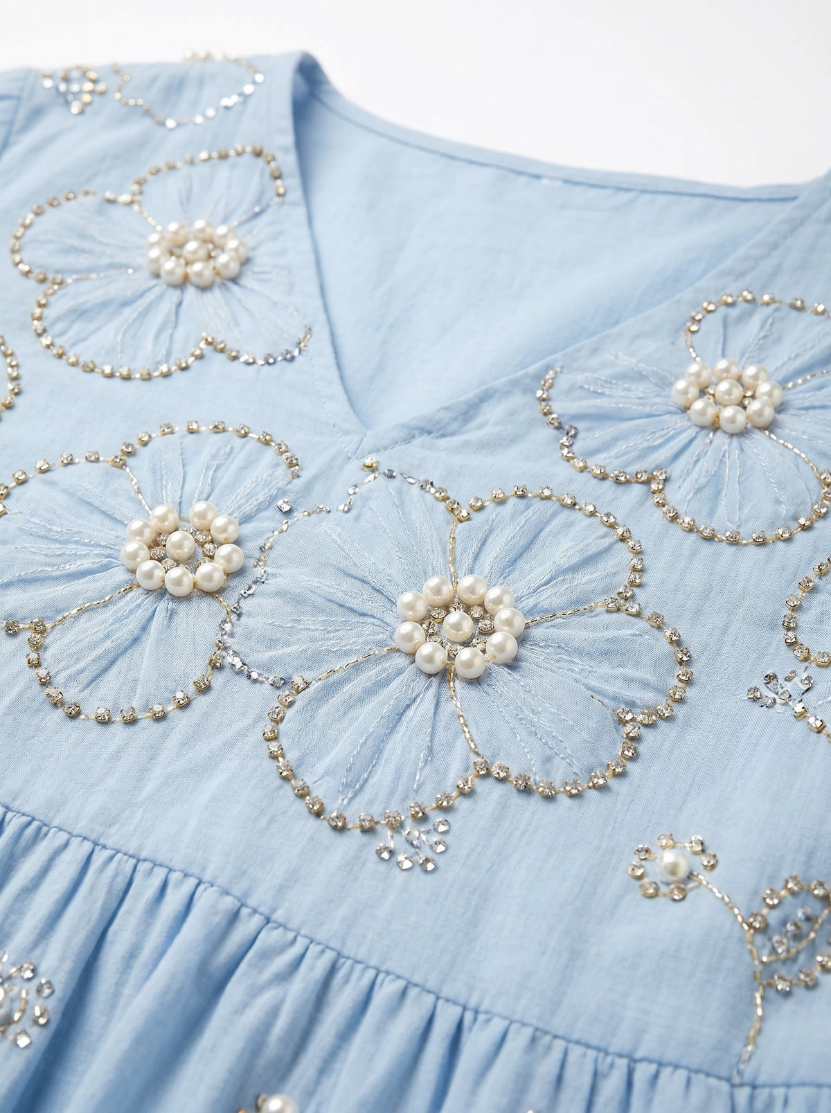 V-Neck Long Sleeve Pearl Beaded Floral Empire Waist Midi Dress