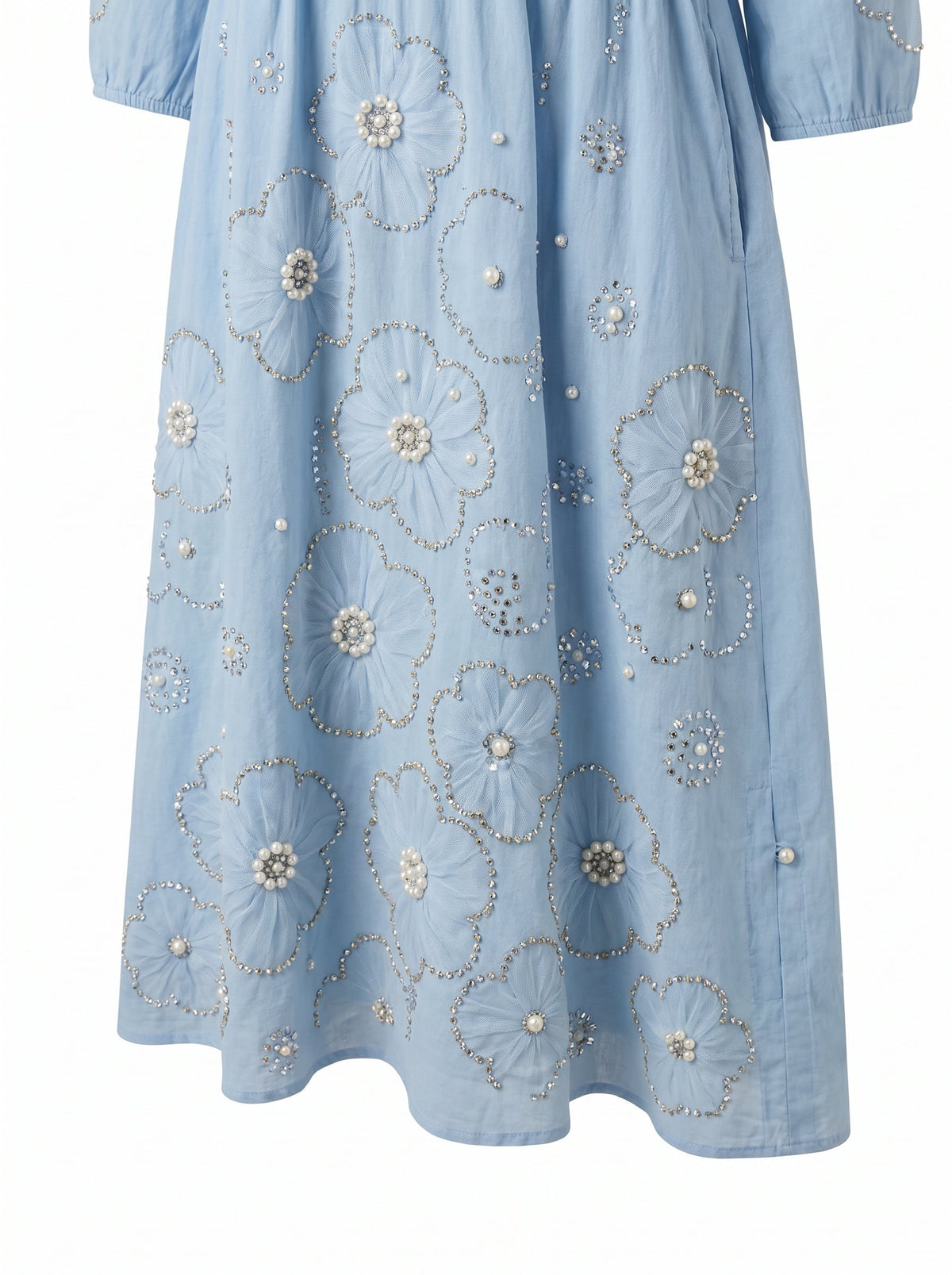 V-Neck Long Sleeve Pearl Beaded Floral Empire Waist Midi Dress