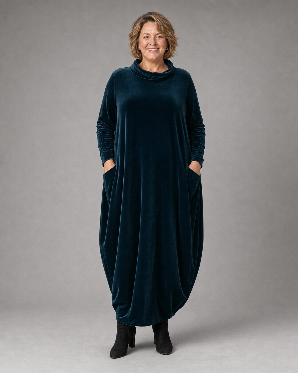 Turtleneck Long Sleeve Velvet Cocoon Pocket Midi Dress 3