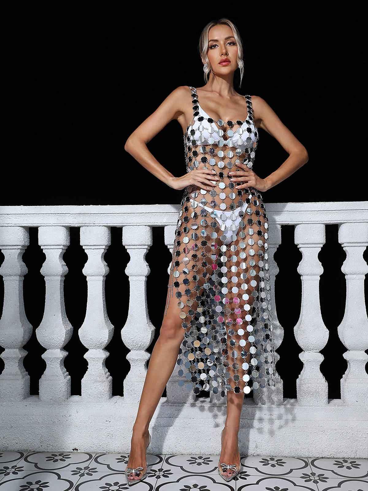 Strap Mirror Disc Chainmail Sheer Split Midi Dress