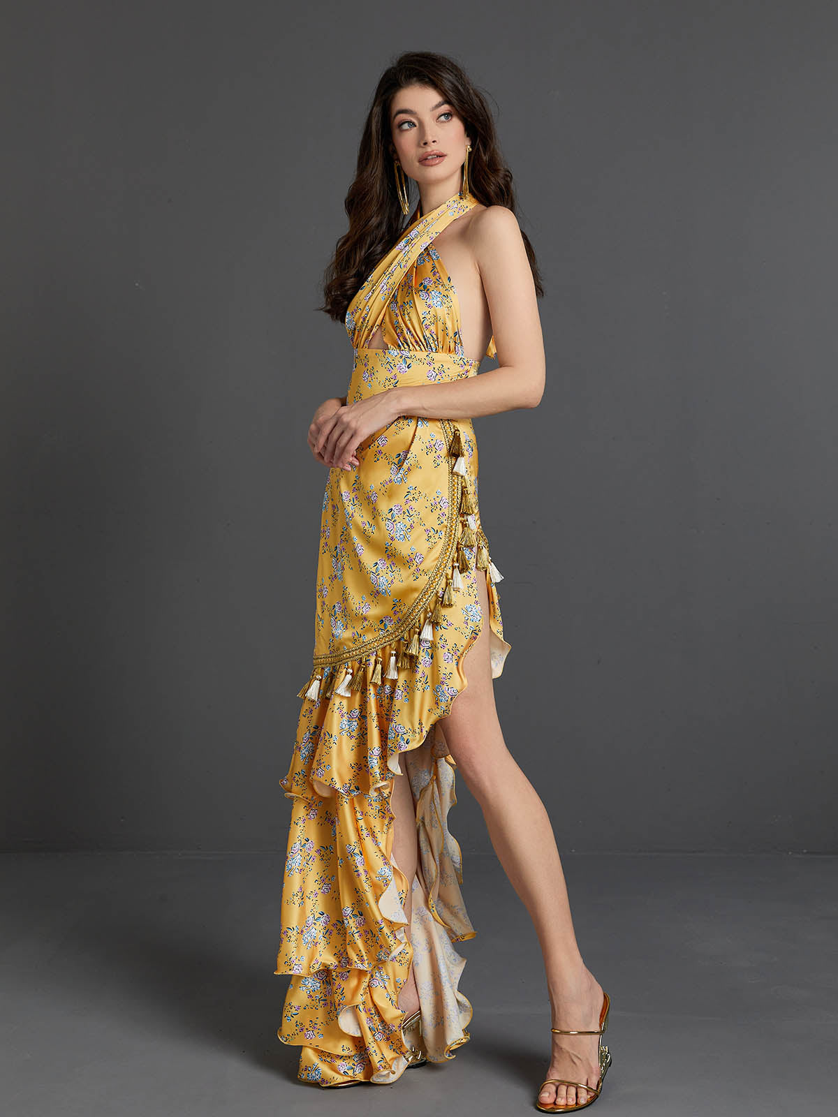 Cross Halter Floral Satin Tassel Trim Tiered Ruffle Maxi Dress