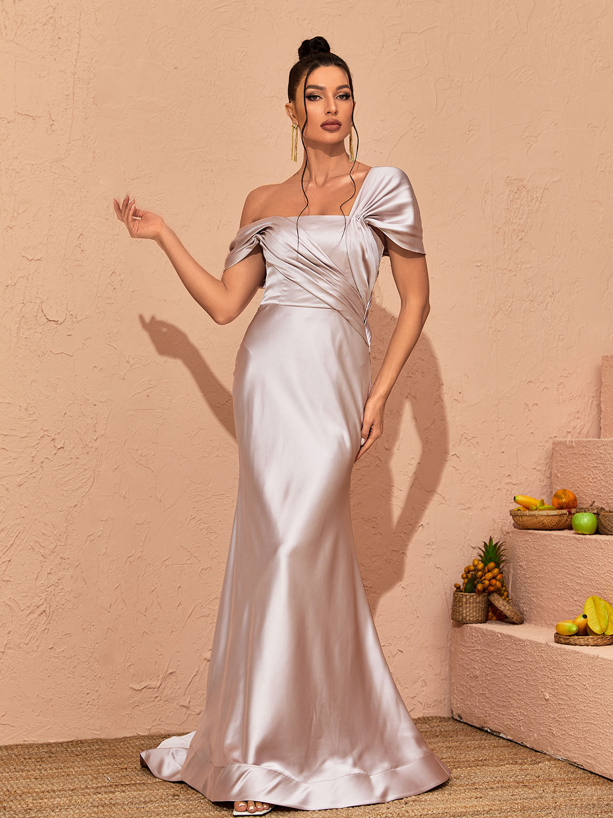 Off-Shoulder Draped Satin Ruched Mermaid Maxi Dress