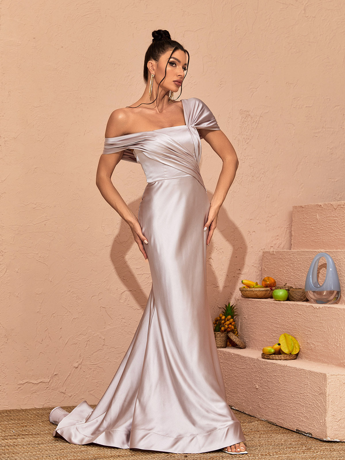 Off-Shoulder Draped Satin Ruched Mermaid Maxi Dress