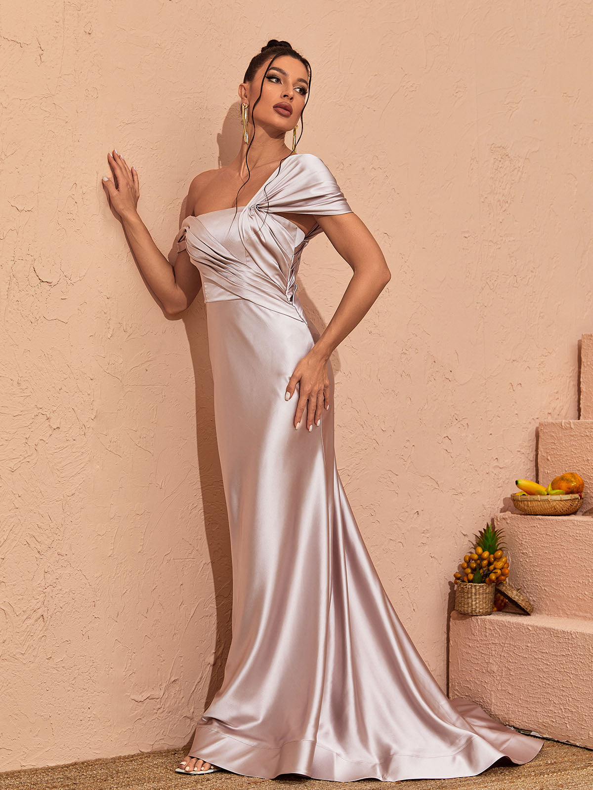 Off-Shoulder Draped Satin Ruched Mermaid Maxi Dress