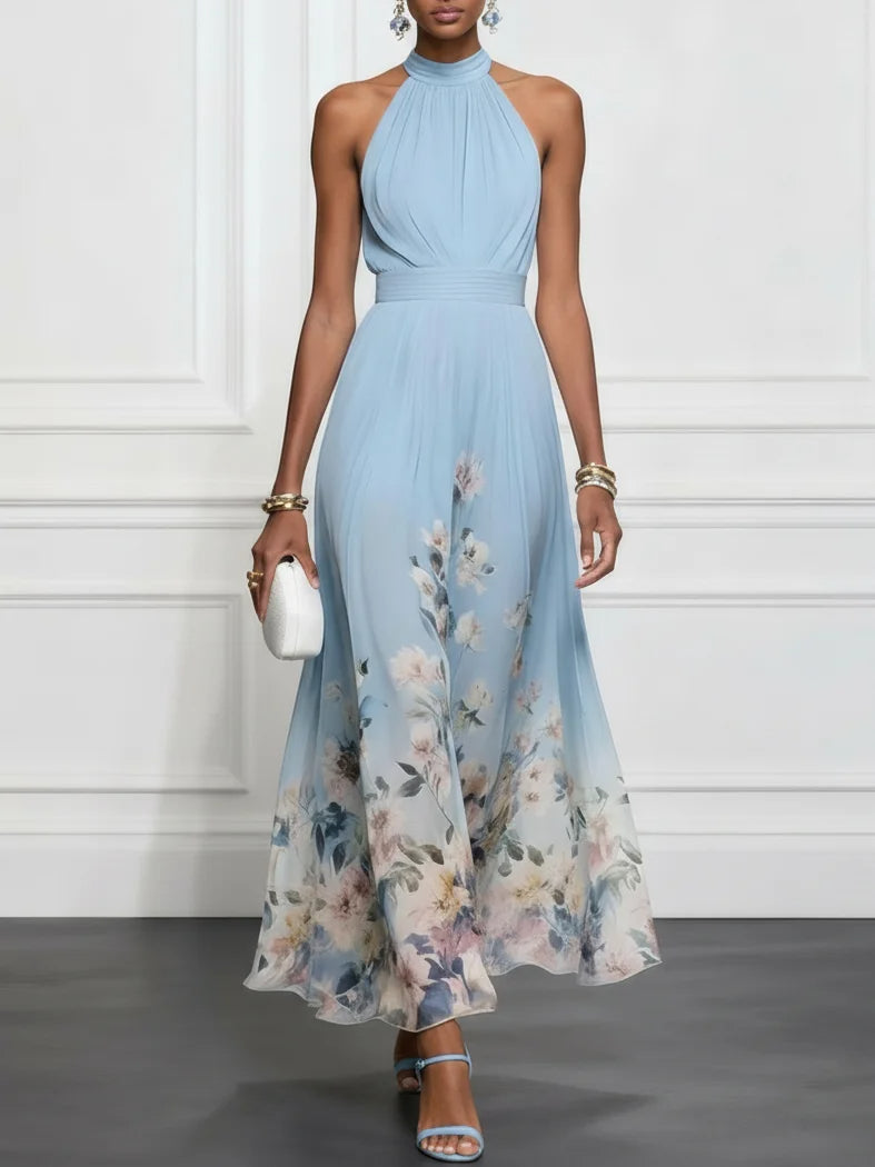 Halter Neck Floral Print Ruched Waist Chiffon Maxi Dress