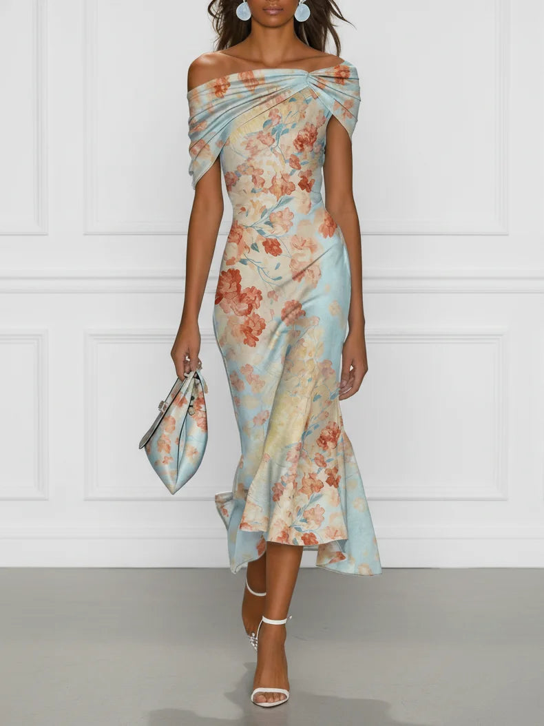 Blue Off-Shoulder Twist Draped Floral Satin Ruched Mermaid Midi Dress