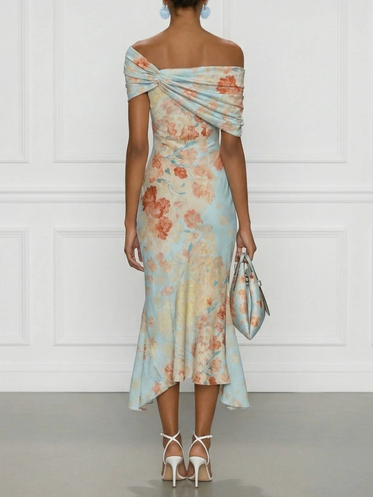 Blue Off-Shoulder Twist Draped Floral Satin Ruched Mermaid Midi Dress 2