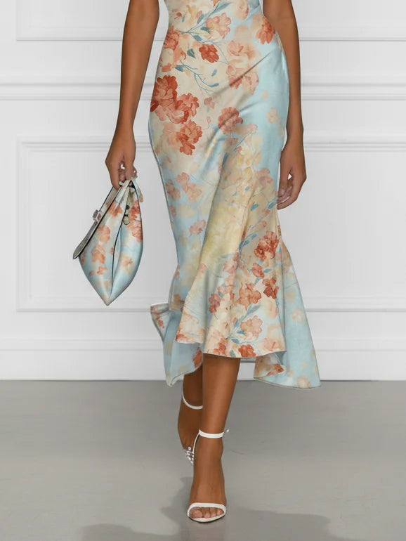 Blue Off-Shoulder Twist Draped Floral Satin Ruched Mermaid Midi Dress 4