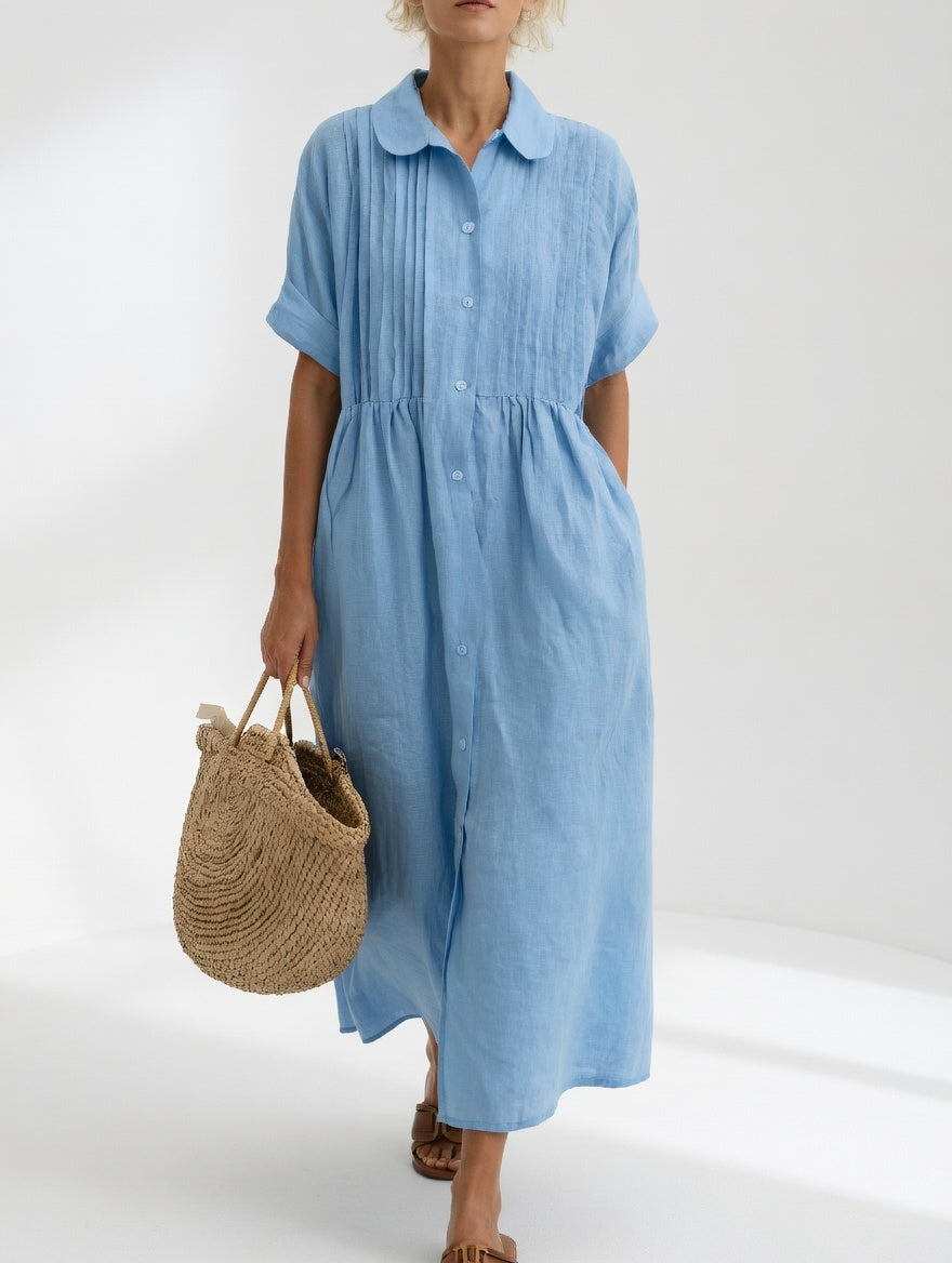 Collared Pintuck Bib Short Sleeve Linen A-Line Maxi Dress 2