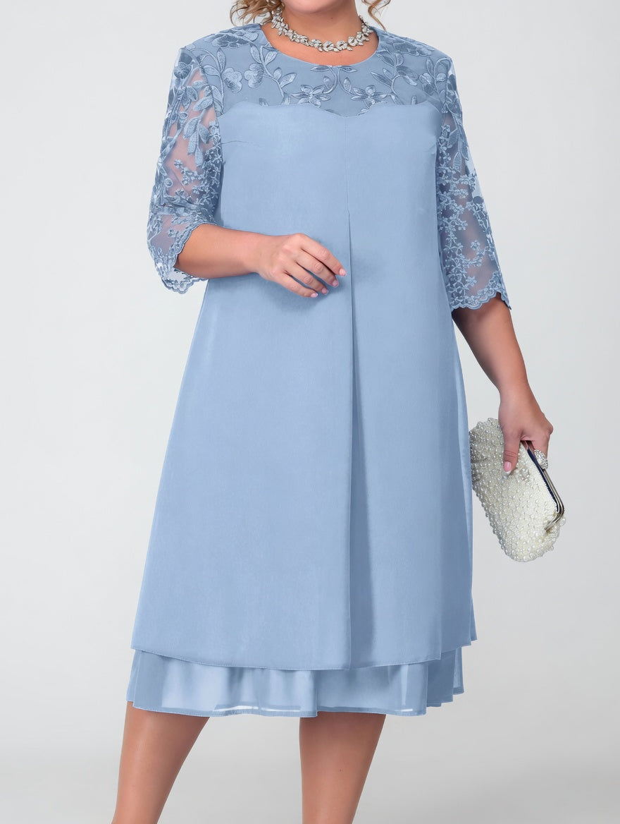Round Neck Lace Illusion Yoke Half Sleeve Shift Midi Dress