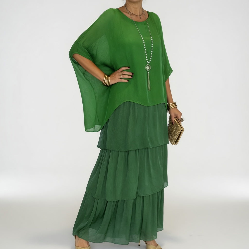 Round Neck Batwing Sleeve Tiered Chiffon Flowy Maxi Dress