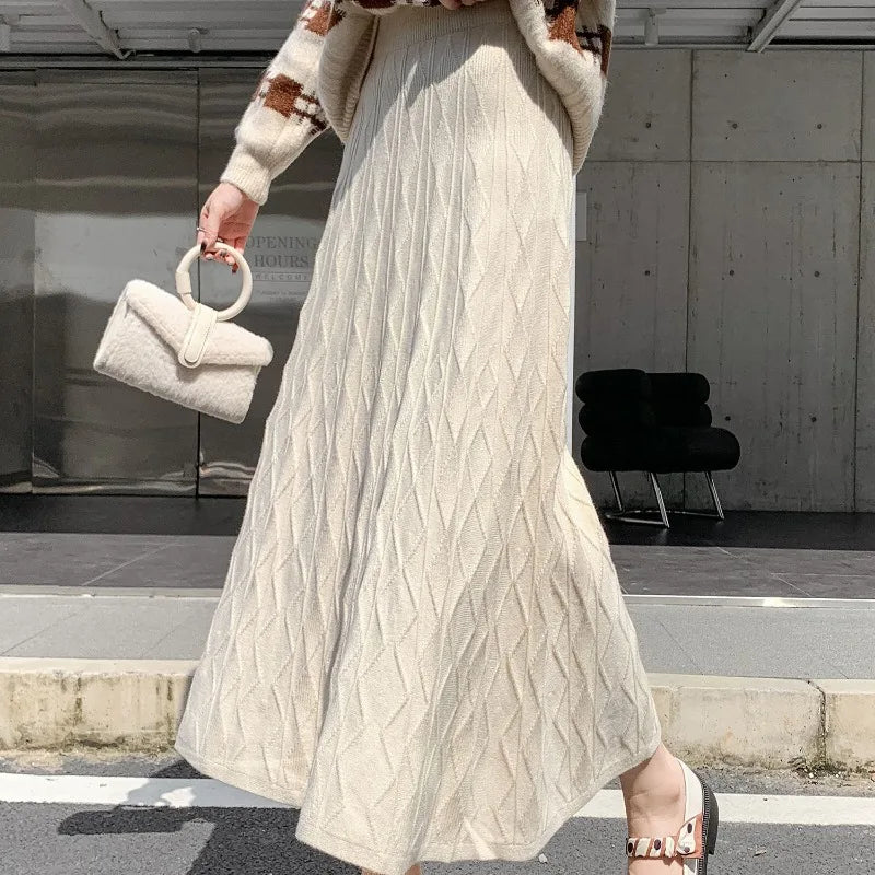 Knitted Drooping Long Aline High Waisted Slim Woolen Skirt