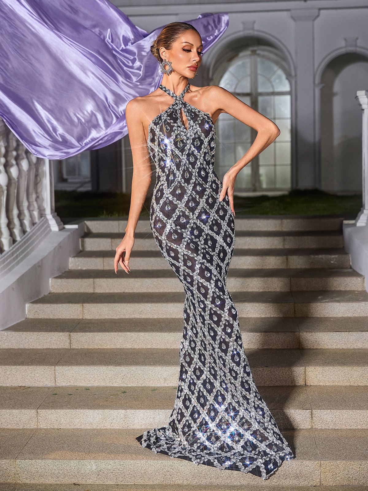 Backless Sequin Crystal Maxi Dress In Black