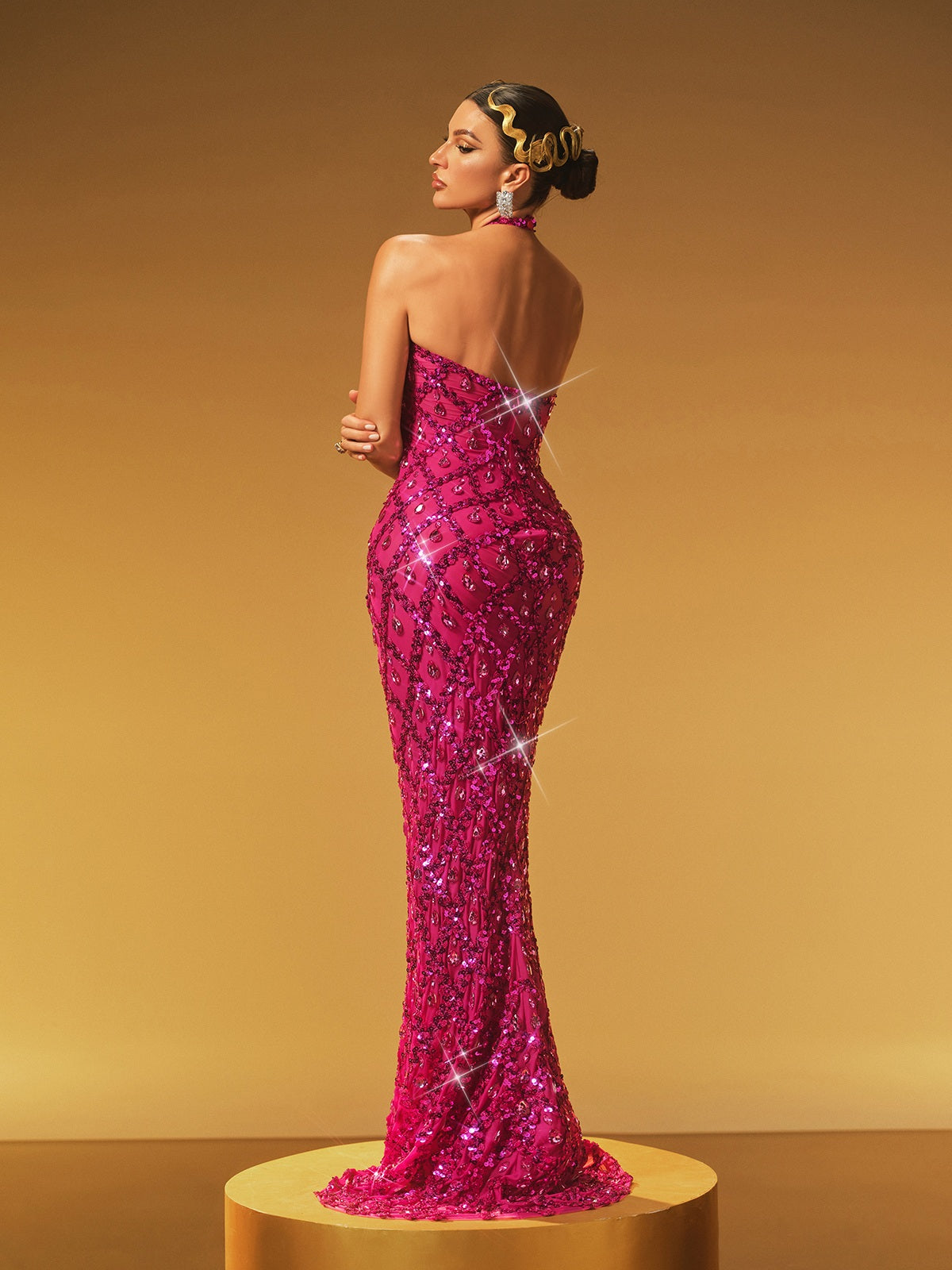 Backless Sequin Crystal Maxi Dress In Hot Pink