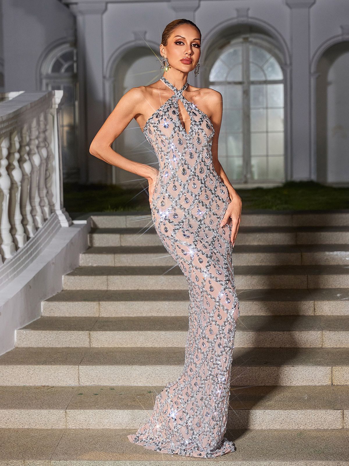 Backless Sequin Crystal Maxi Dress In Nude