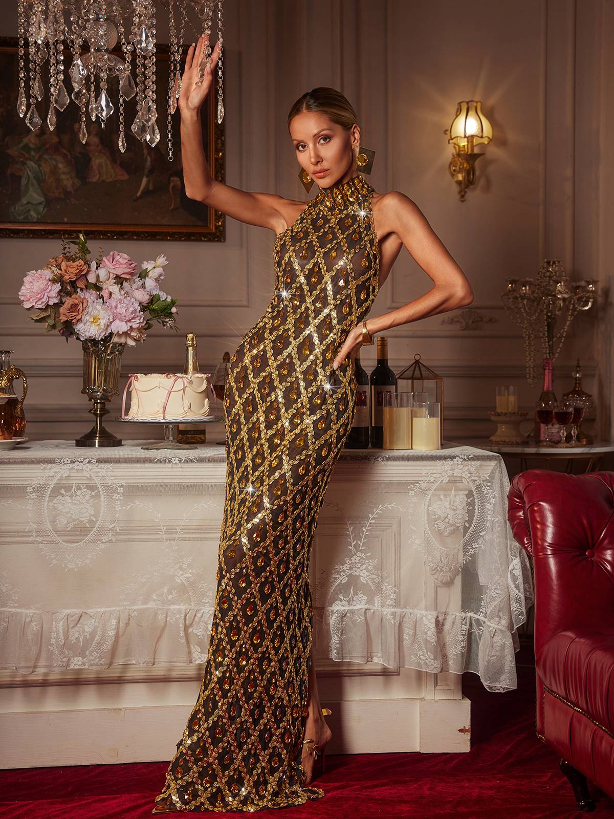 Sequin Crystal Maxi Dress In Gold