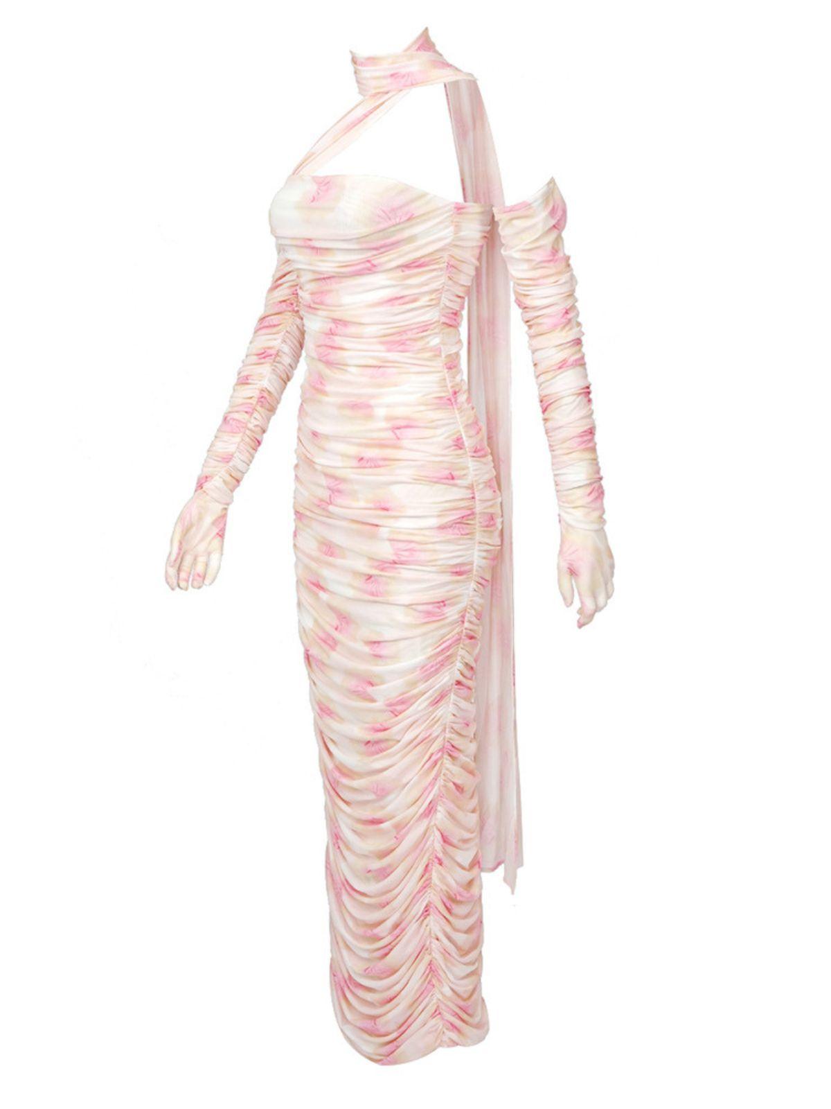 Asymmetric Halter Neck Ruched Mesh Bodycon Maxi Dress With Gloves