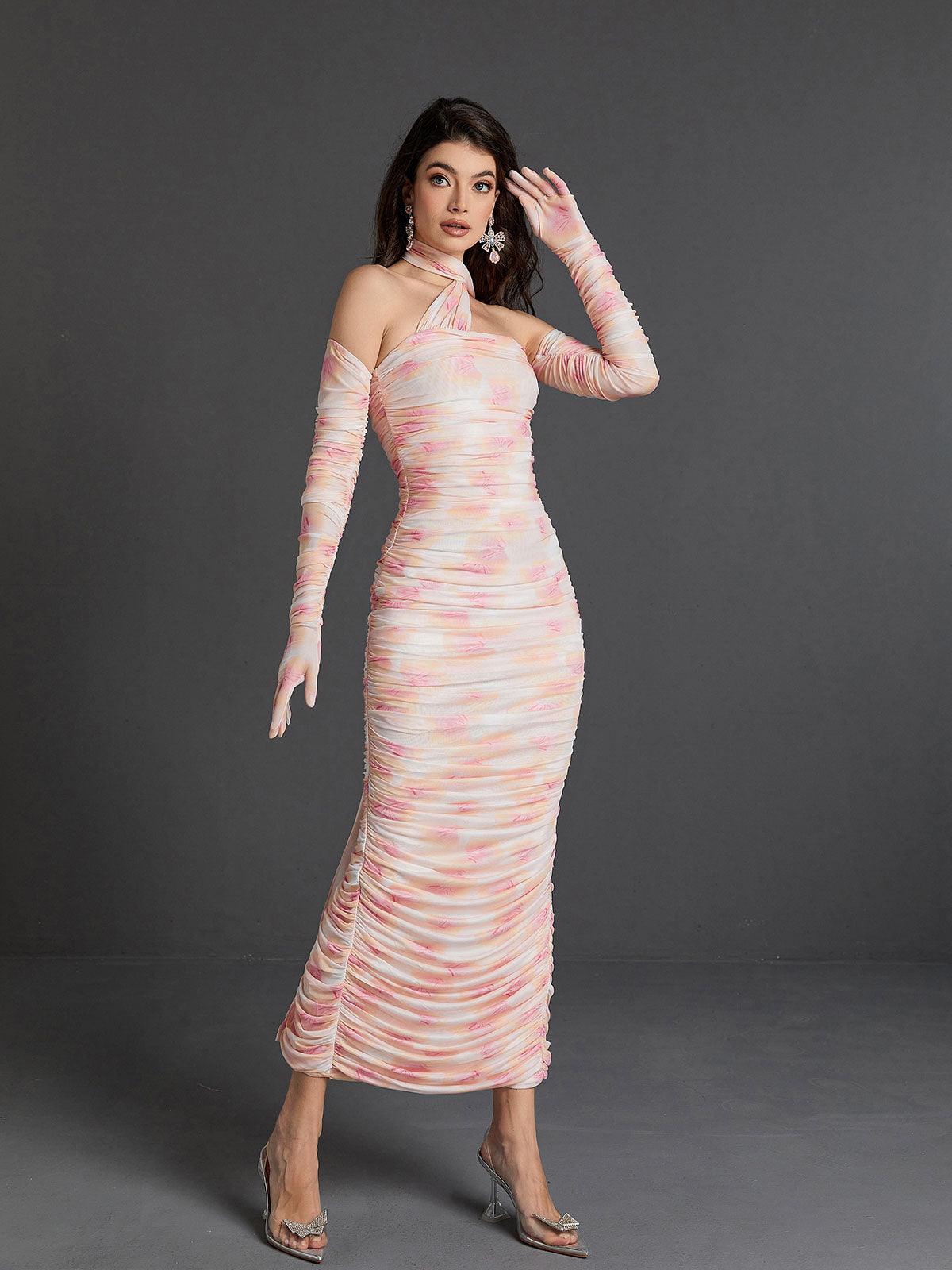 Asymmetric Halter Neck Ruched Mesh Bodycon Maxi Dress With Gloves