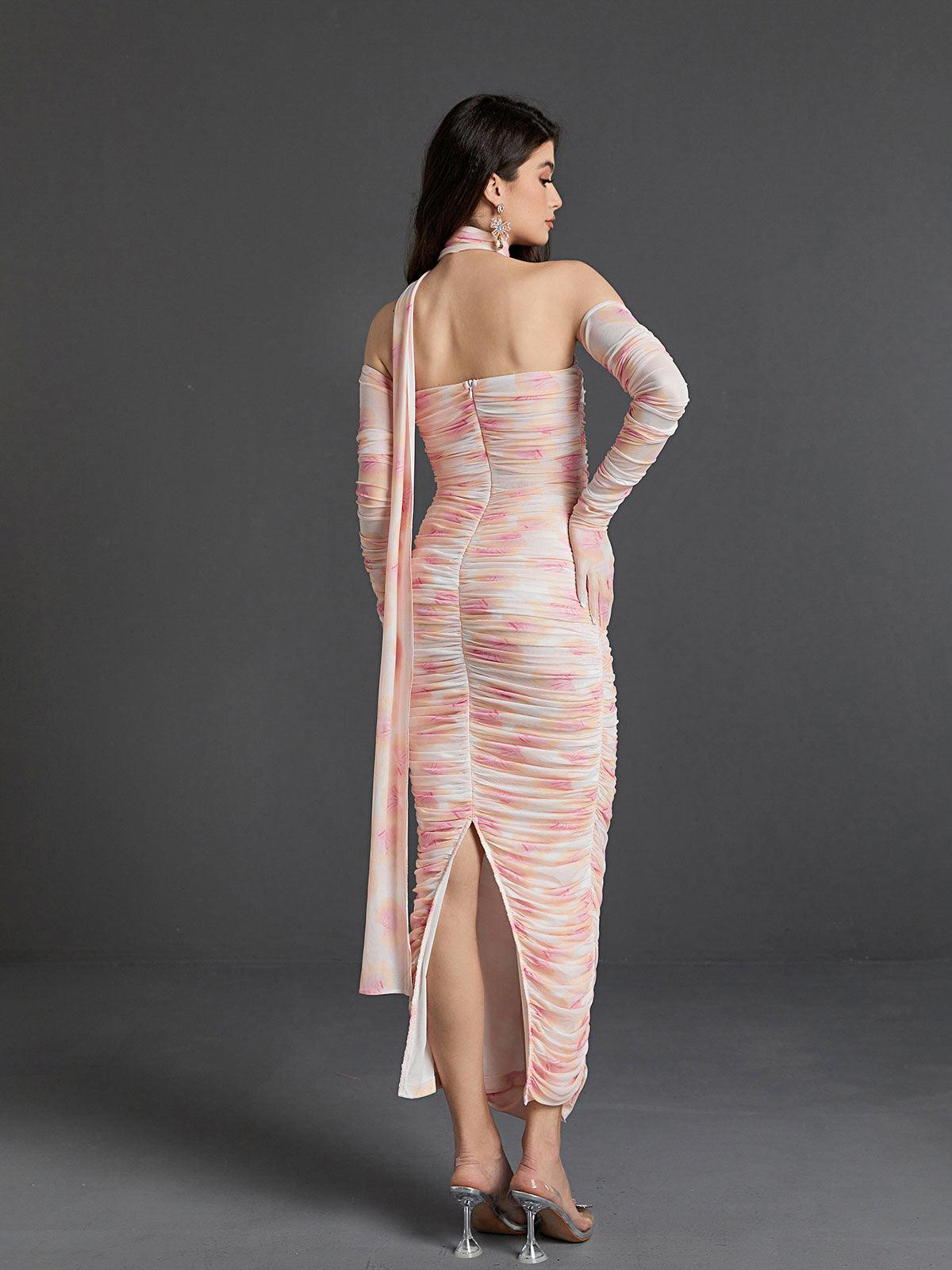Asymmetric Halter Neck Ruched Mesh Bodycon Maxi Dress With Gloves