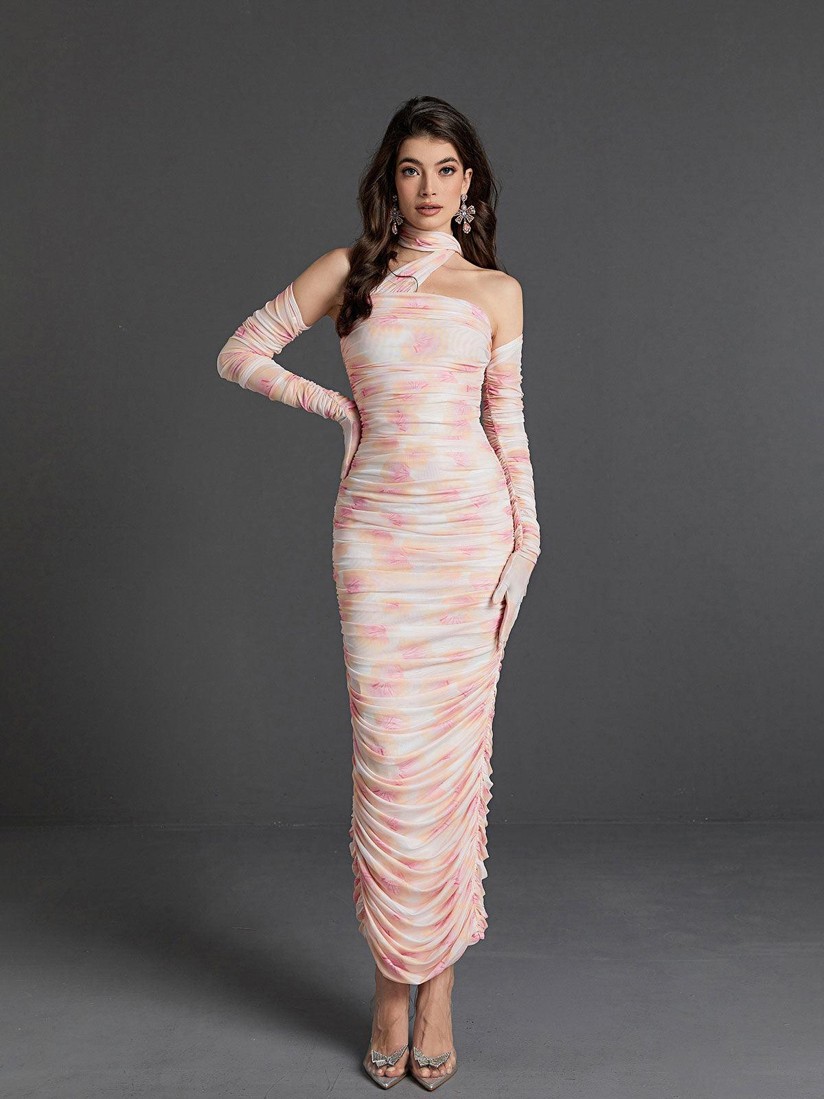Asymmetric Halter Neck Ruched Mesh Bodycon Maxi Dress With Gloves