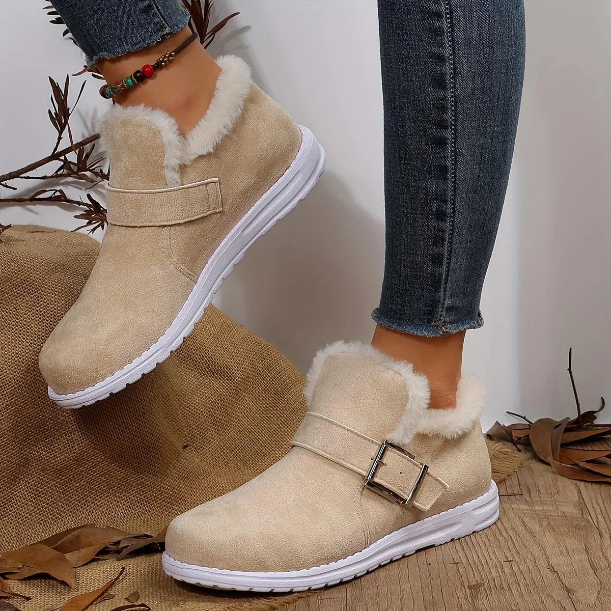 Plush Lined Flat Winter Warm Buckle Strap Slipon Snow Boot