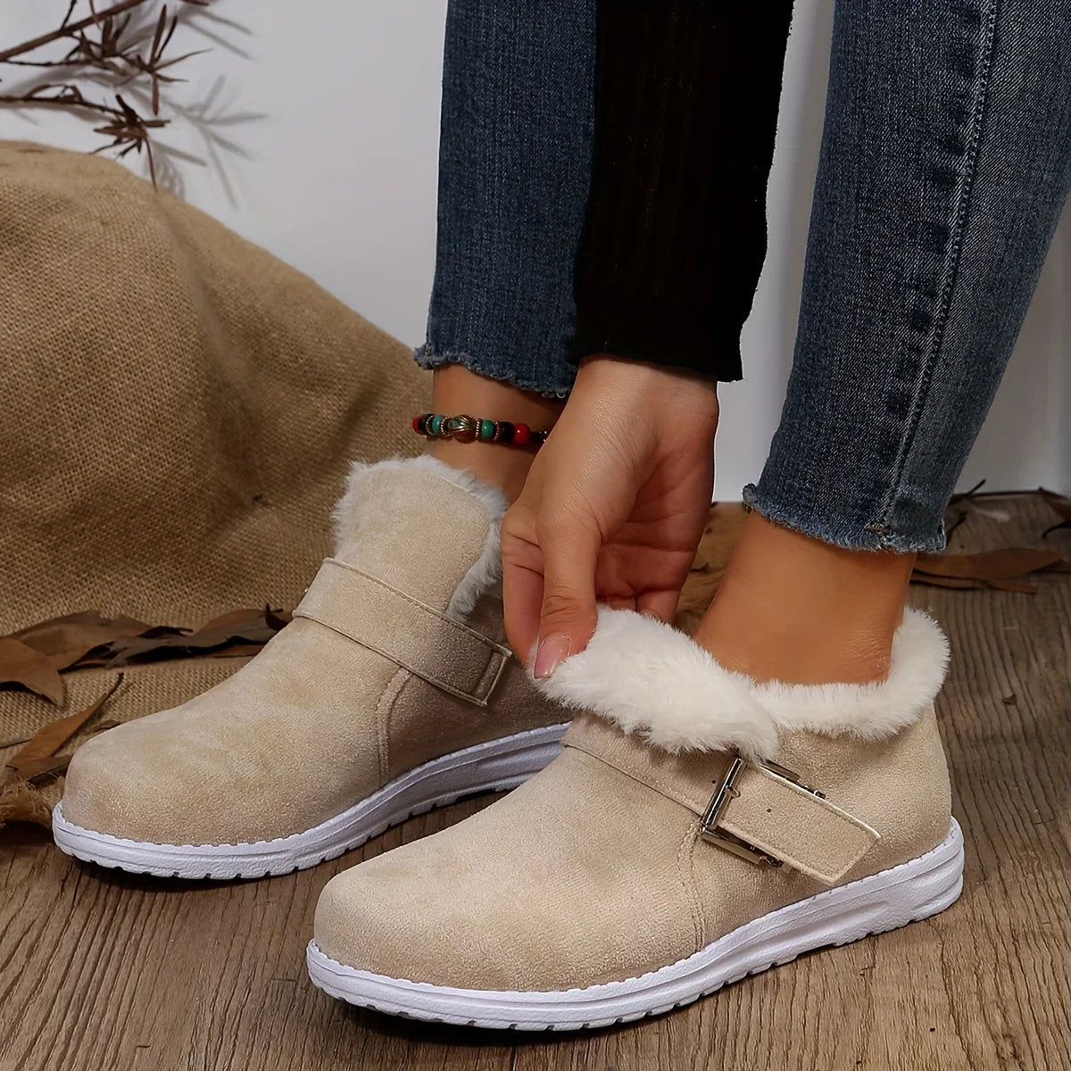 Plush Lined Flat Winter Warm Buckle Strap Slipon Snow Boot