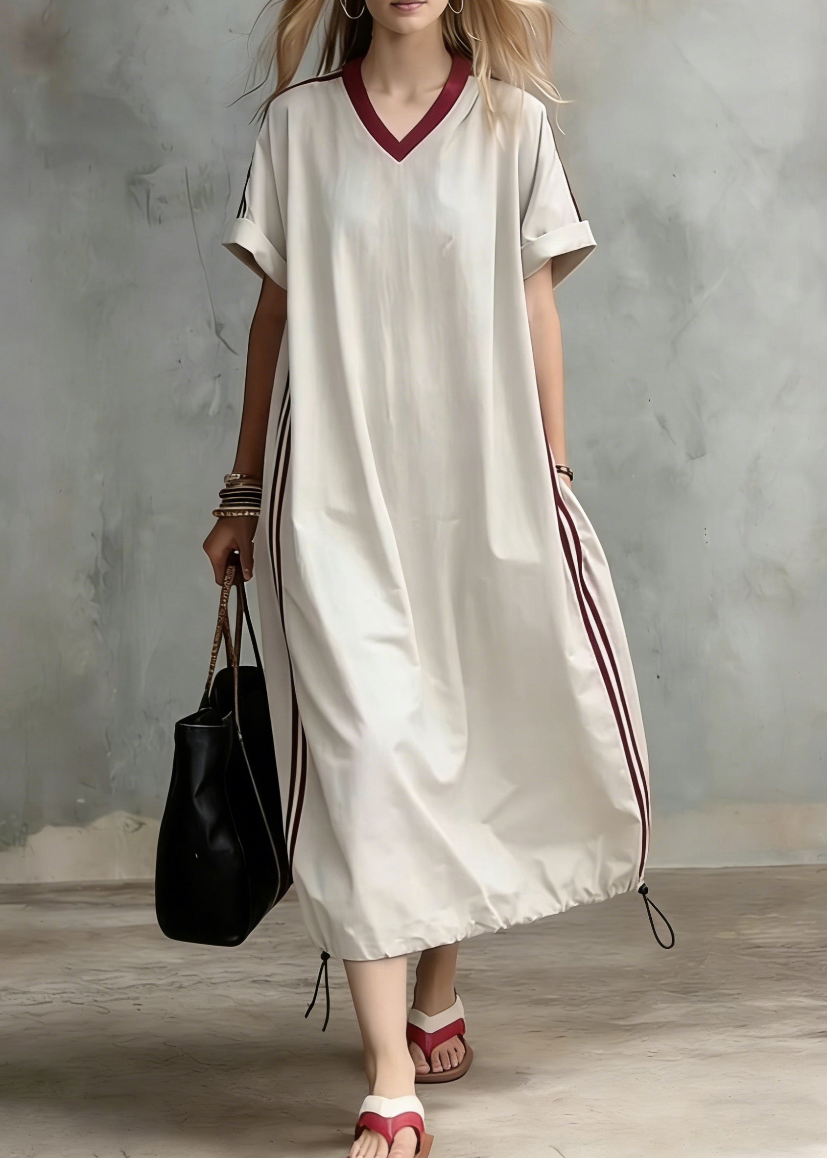 Loose Apricot Striped Pockets Drawstring Cotton Long Dress Summer