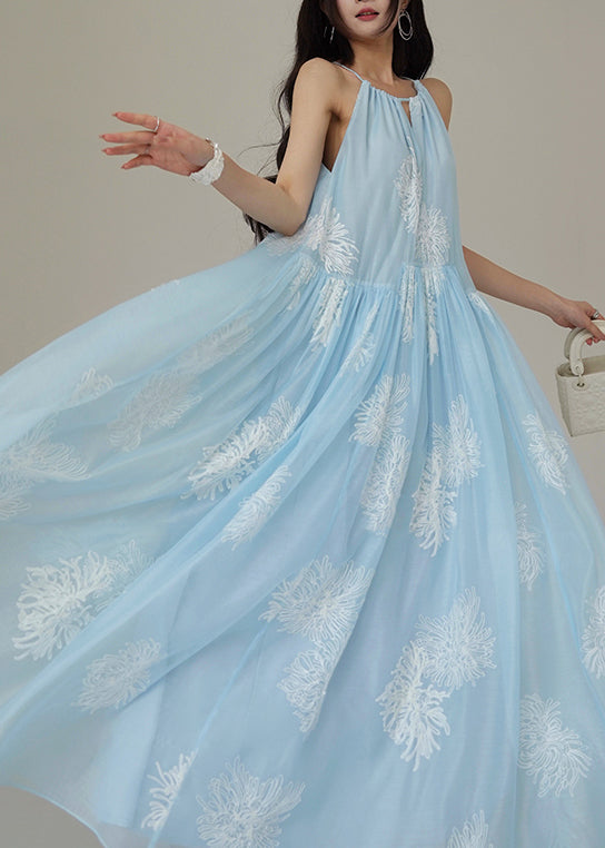 Loose Blue Embroidered Wrinkled Chiffon Long Dresses Sleeveless
