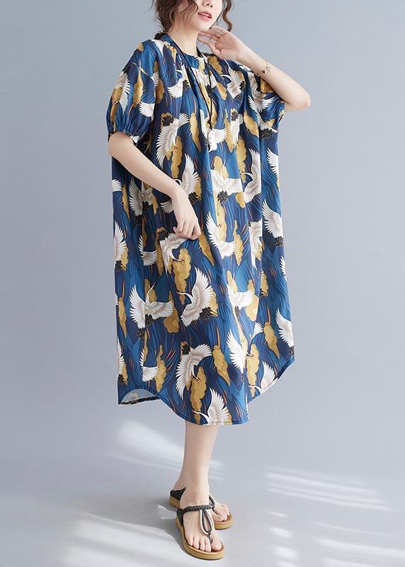 Loose Blue Print Cotton O-Neck Loose Summer Mid Dress ( Limited Stock)