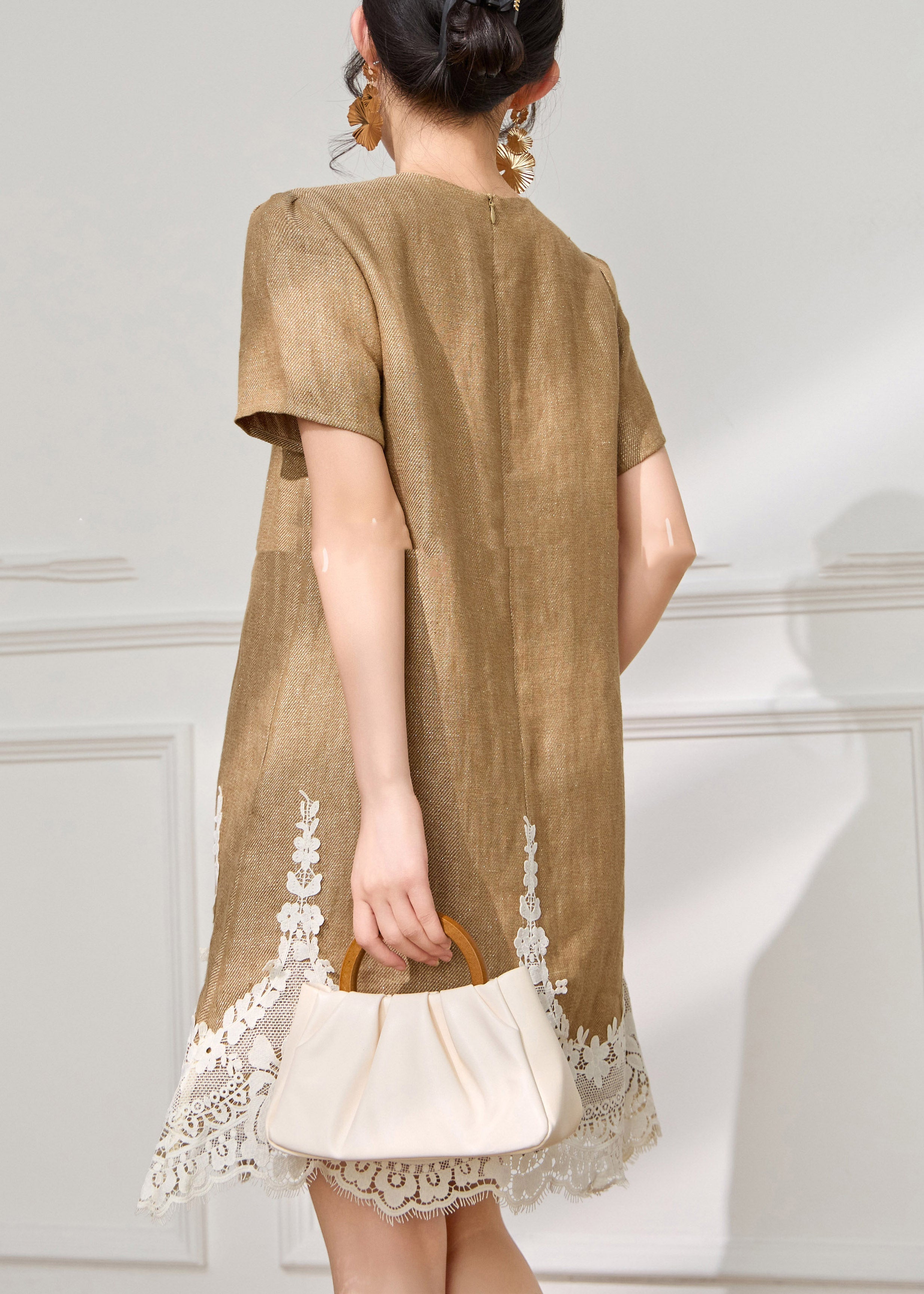 Loose Coffee O-Neck Lace Patchwork Mid Dress Short Sleeve