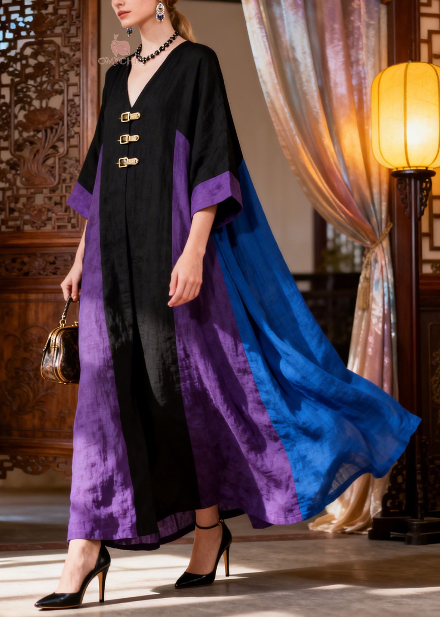 Loose Colorblock V Neck Patchwork Cotton Dress Summer