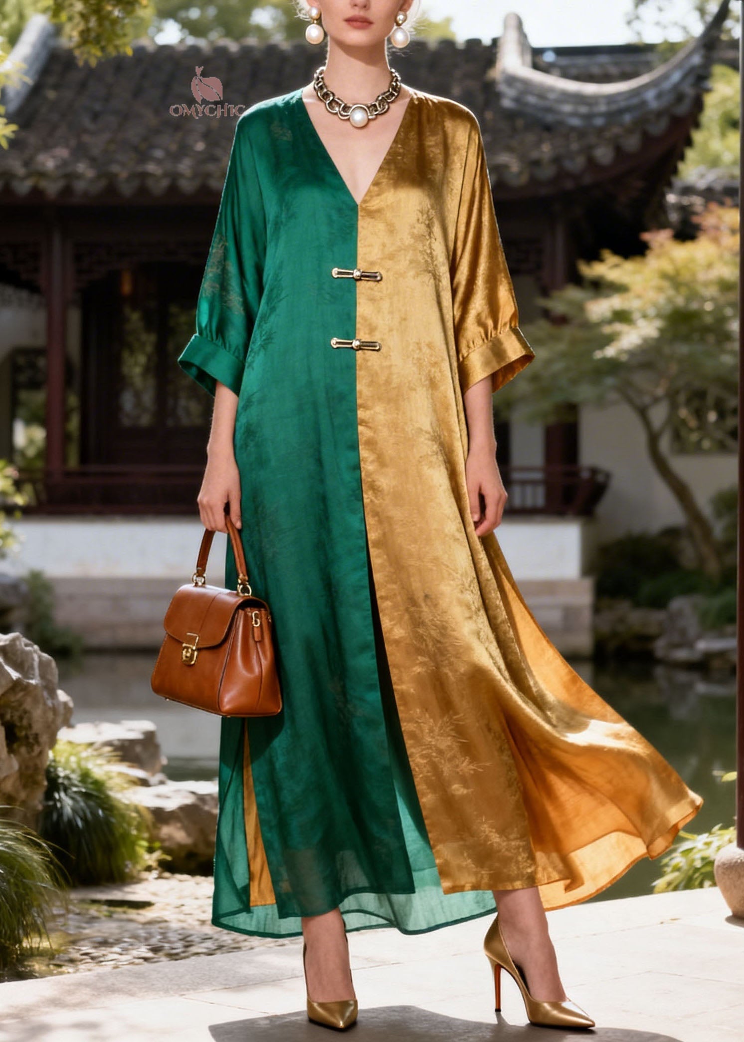Loose Colorblock V Neck Patchwork Silk Long Dress Summer