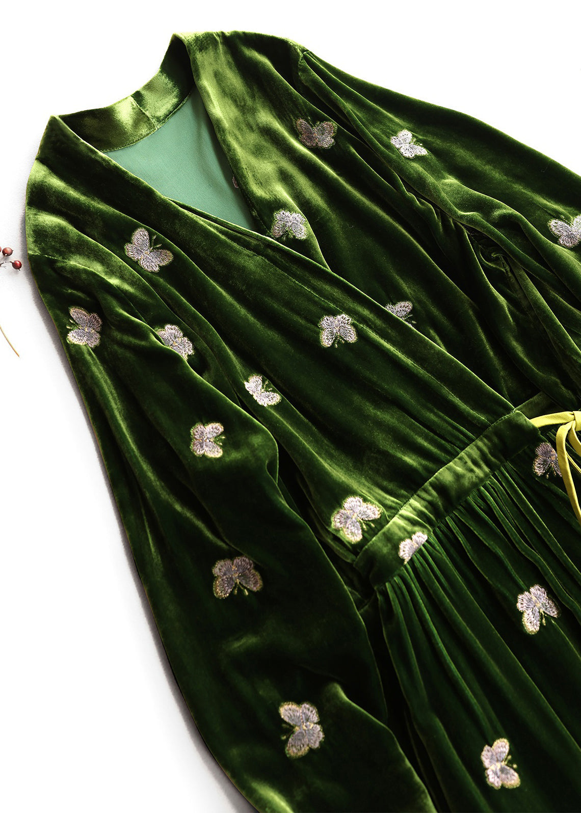 Loose Green Print Butterfly Lace Up Silk Velvet Long Dress Fall