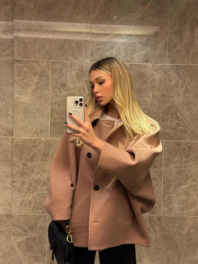 Loose Lapel Autumn Winter Long Singlebreasted Elegant Solid Office Fashion Coat