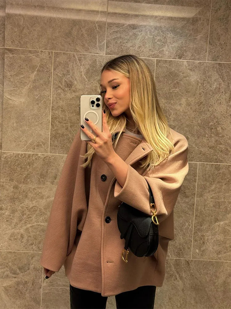 Loose Lapel Autumn Winter Long Singlebreasted Elegant Solid Office Fashion Coat