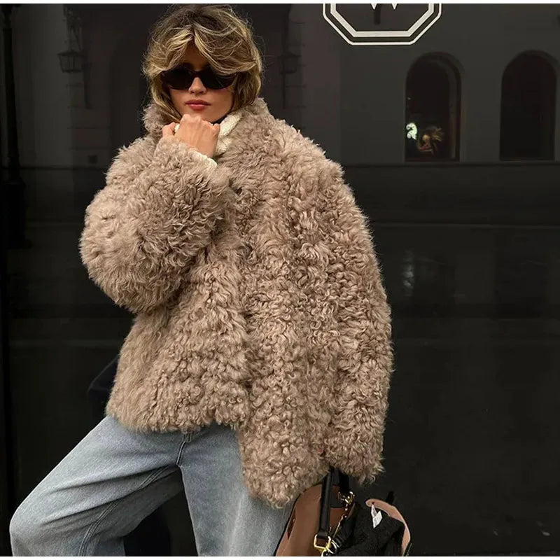 Loose Plush Autumn Winter Stand Singlebreasted Long Elegant Hairy Soft Coat
