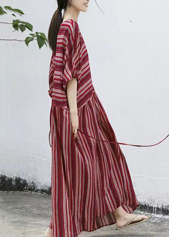 Loose Striped O-Neck Lace Up Cotton Long Dresses Batwing Sleeve