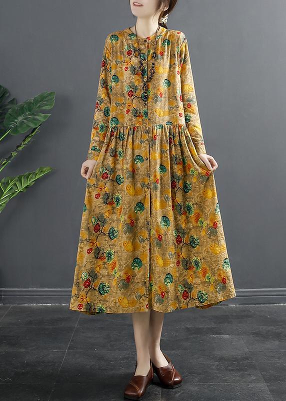 Loose Yellow Print Clothes For Women Pockets Baggy Spring Dresses