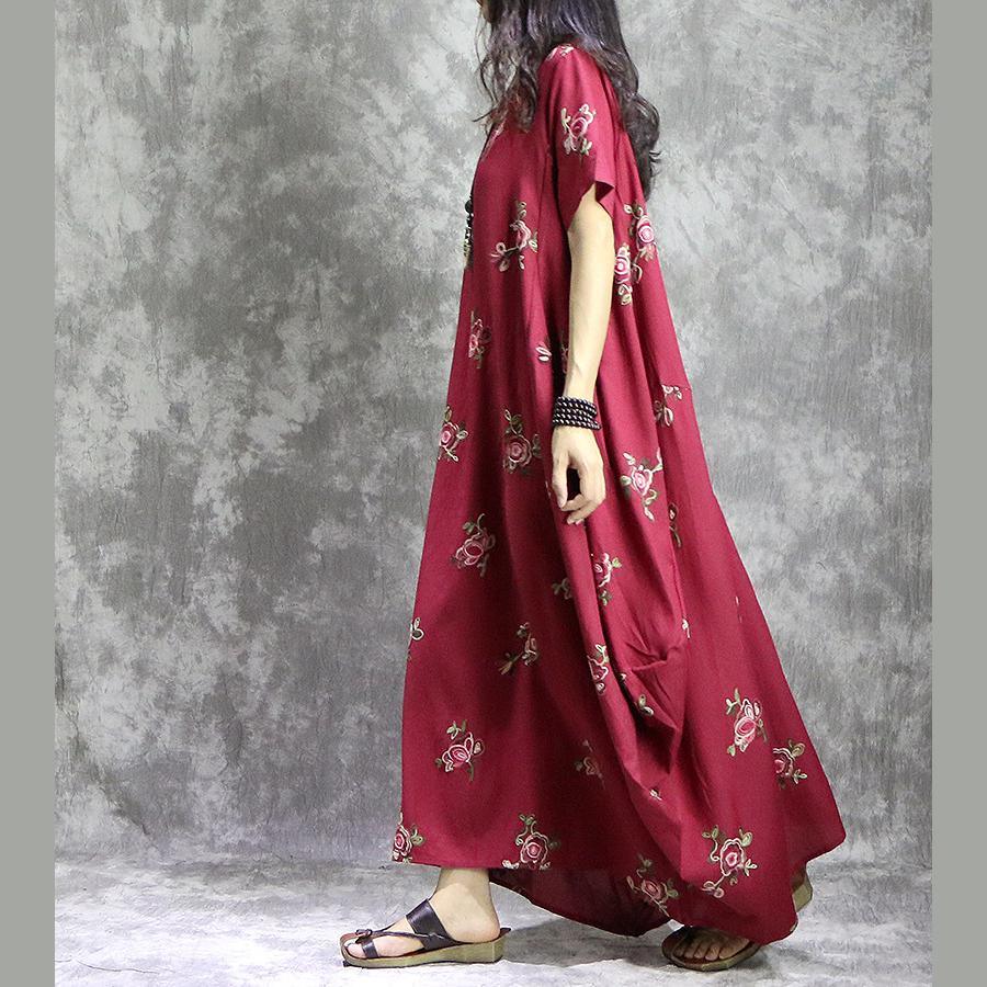 Loose O-Neck Prints Linen Robes Stylish Work Outfits Red Loose Dress Summer