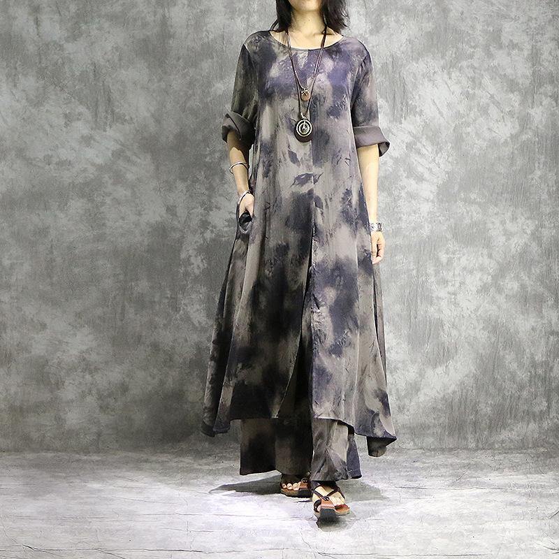 Loose prints silk dresses Organic Shape gray two pieces long Dresses summer